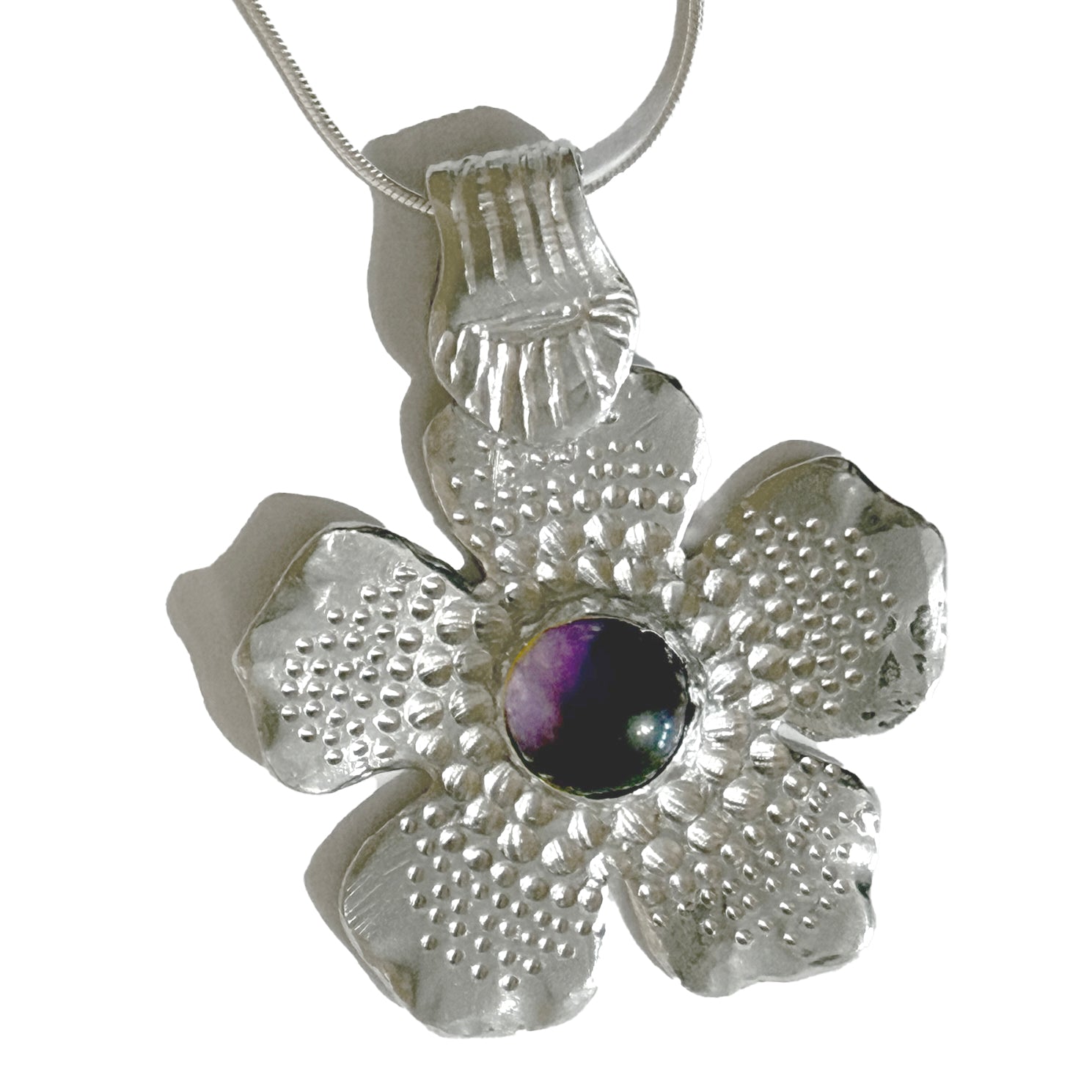 Textured flower pendant with amethyst stone